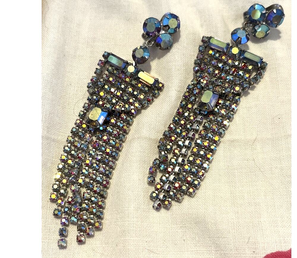 STATEMENT Aurora Borealis Red Earrings Long Multi Strand Dangle Clip